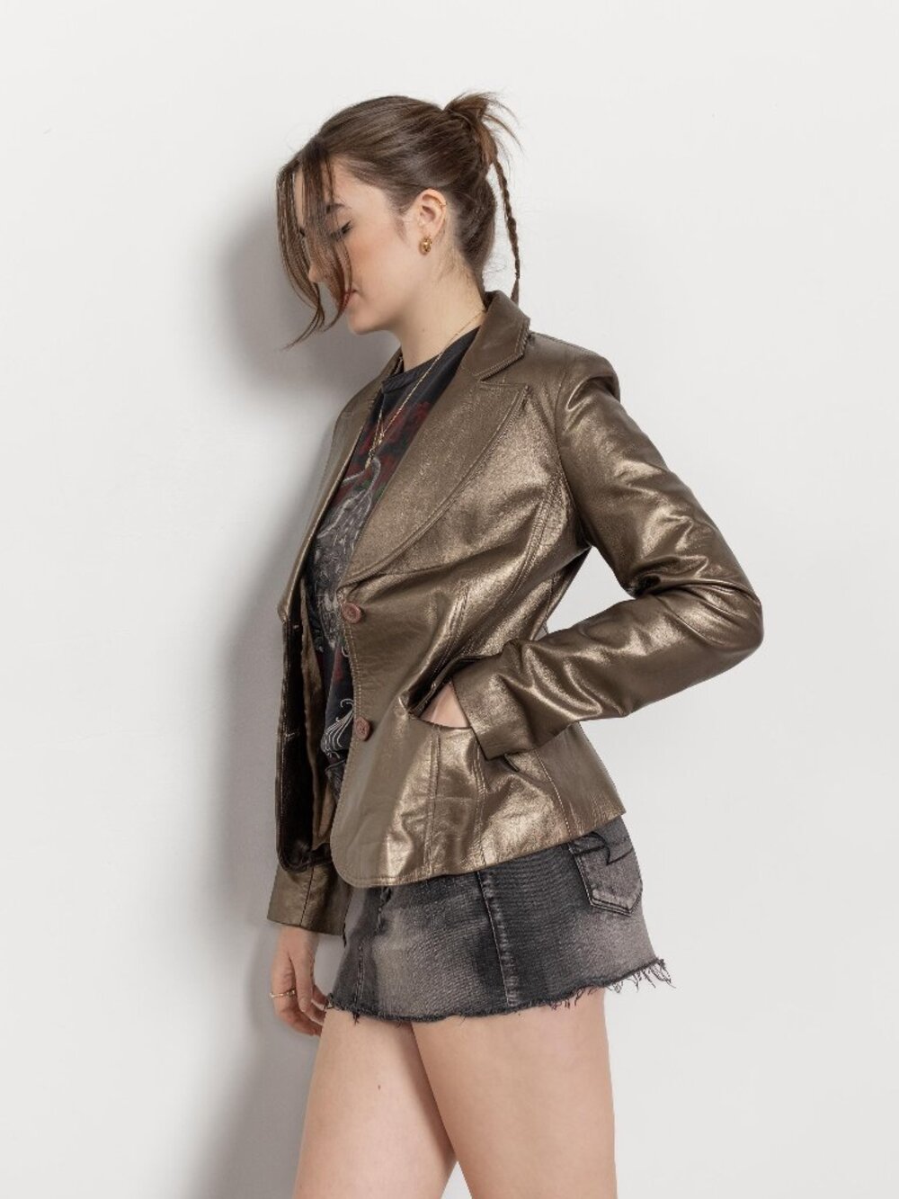 METALLIC LEATHER BLAZER Vintage Jacket Women Y2K Cropped / Medium1